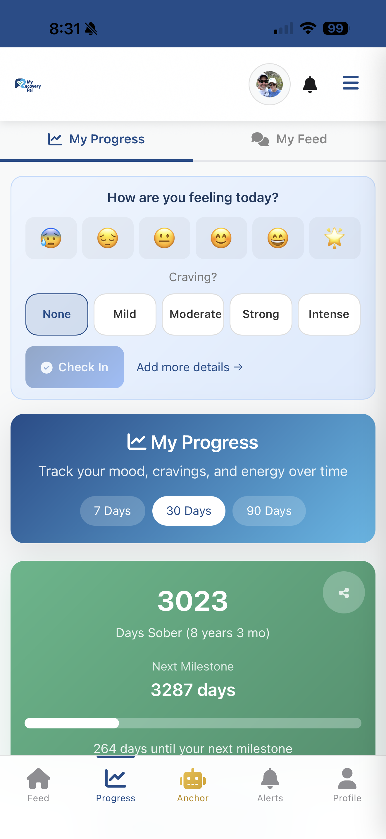 MyRecoveryPal app — daily mood check-in and days sober